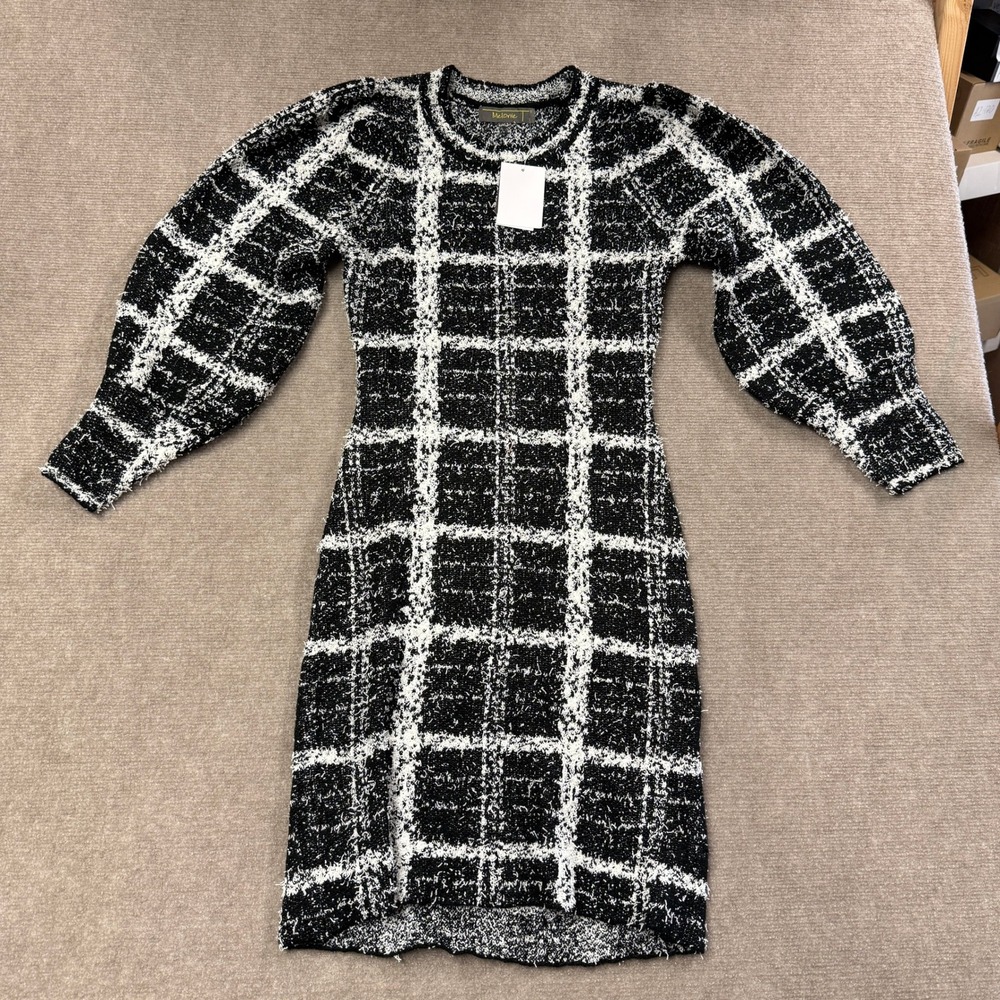 MSRP $86 Melonie T Womens XS Black Ivory Plaid Knit Puff Sweater Dress